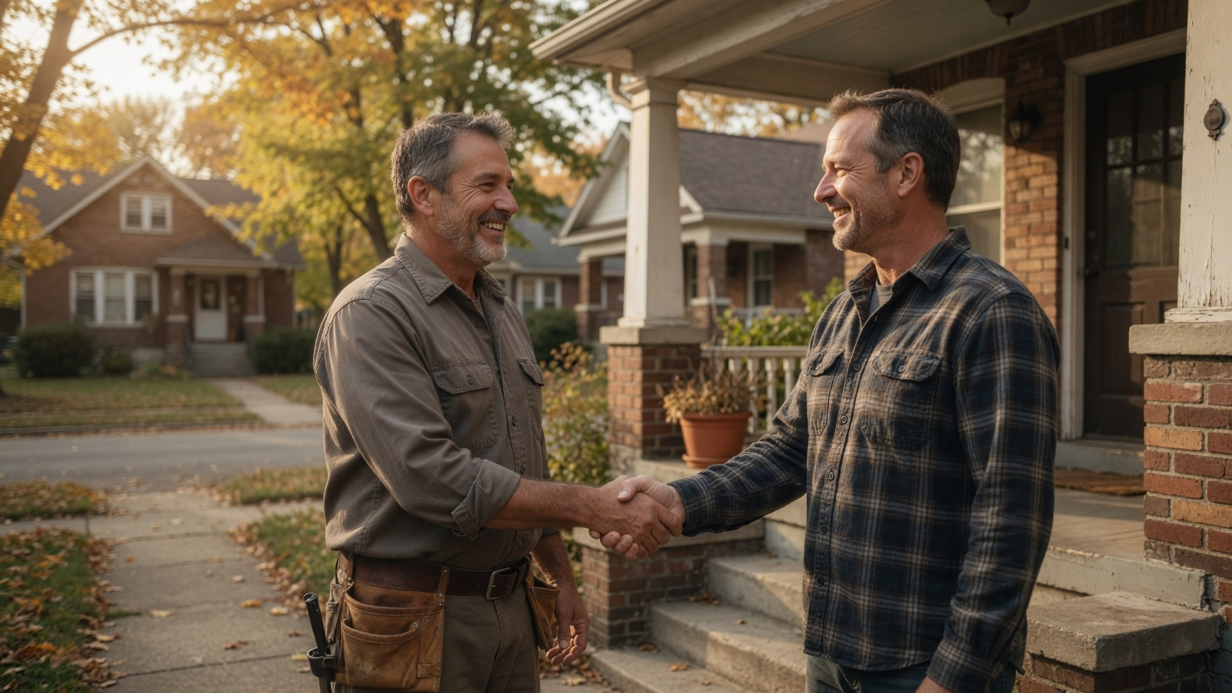 A contractor and homeowner shaking hands on a porch in Northeast Ohio