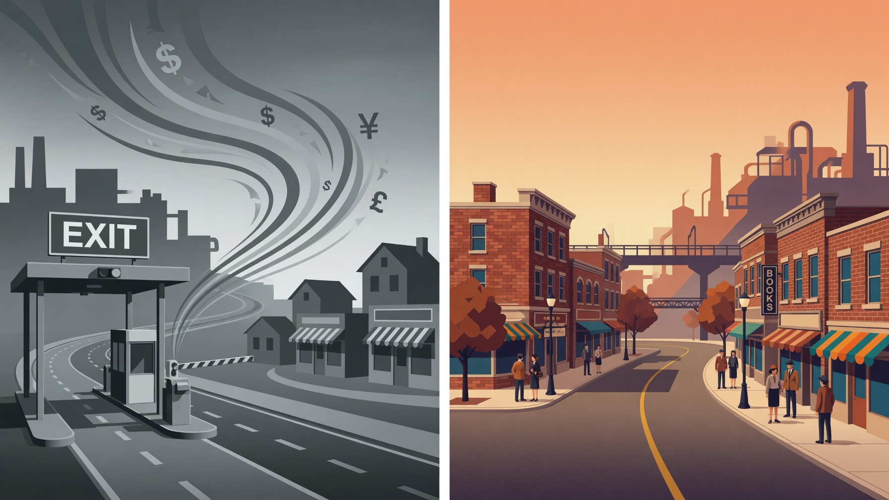 Split illustration showing money leaving a community versus a thriving local main street